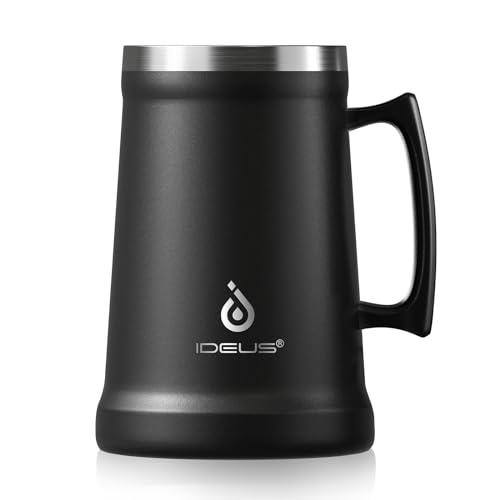 Ideus Insulated Beer Stein, 24/32oz Stainless Steel Double Walled Beer Mug Giant Bar Drinkware Metal Beer Cup with Big Grip Handle (Black, 34oz (1,000ml))