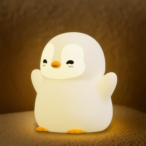 UNEEDE Standing Penguin Night Light with Detachable Bunny Hat - Rechargeable Silicone Touch Lamp, 2-Level Dimmable, 20-Min Timer, Nursery Decor for Kids & Holiday Gifts