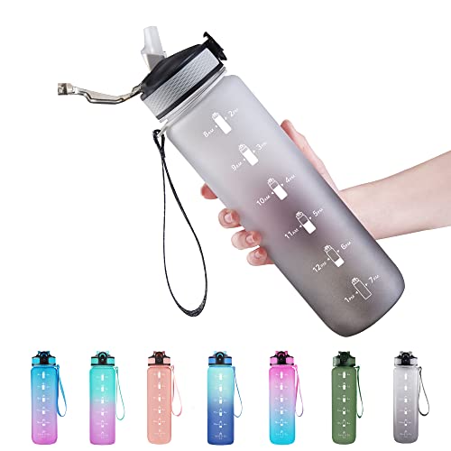 EYQ 32 oz Water Bottle with Time Marker, Carry Strap, ...