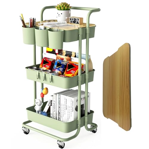 3 Tier Rolling Cart with Metal Handle, Table Top, Hanging ...