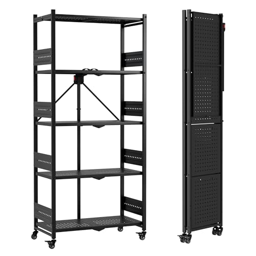 WORKPRO 5-Tier Folding Shelf, No-Assembly Metal Storage Rack with Wheels, 750 lbs Capacity (with Leveling Feet), Collapsible Shelving Unit for Kitchen, Pantry, Bathroom & Closet Organization