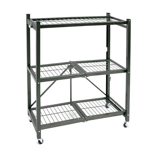 Origami 3-Tier Foldable Storage Shelves, Heavy Duty Rolling Shelf Rack with Wheels, Pewter