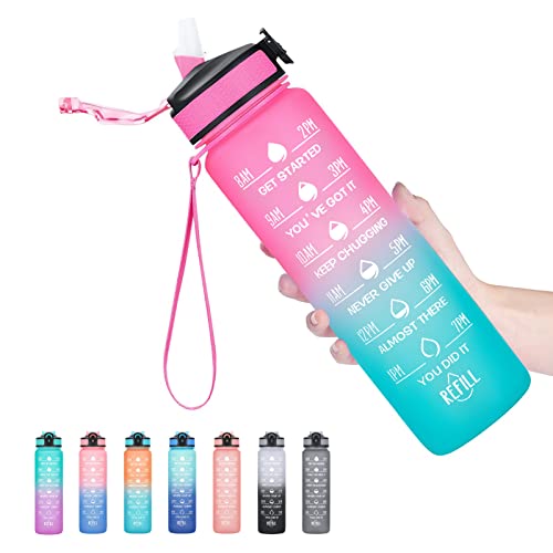 Hyeta 32 oz Water Bottle Straw Time Marker Leakproof Gym ...