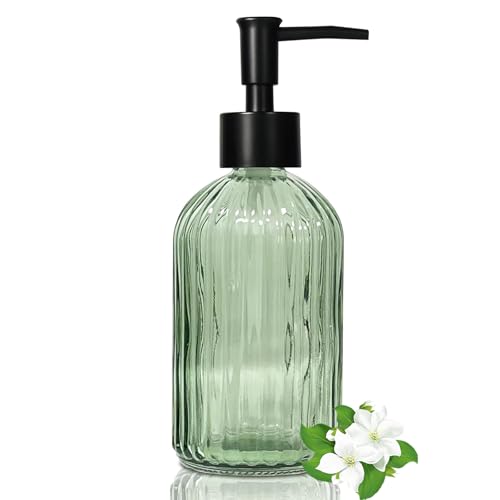 14 Oz Black Pump Glass Soap Dispenser, Green Stripe Countertop ...