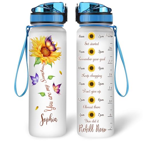 Hyturtle Personalized Sunflower Water Bottle - 32oz Motivational Water Bottle ...