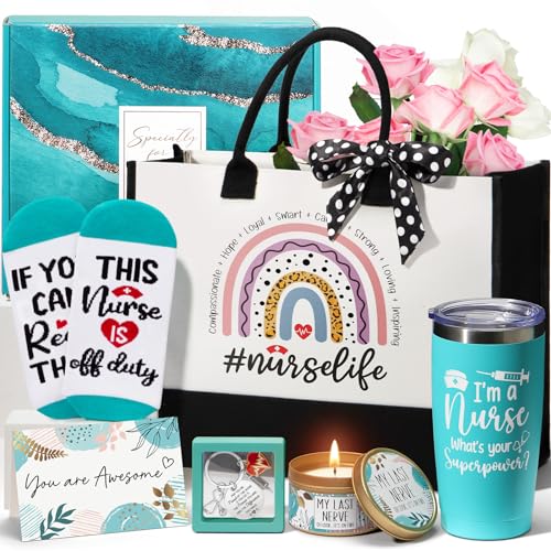 Nurses Week Gifts for Women Female Nurses Day Gifts Set, Best RN Nurse Practitioner Gift for Women Funny School Nurse Appreciation Graduation Gift Basket for Nursing Student with Canvas Tote Bag