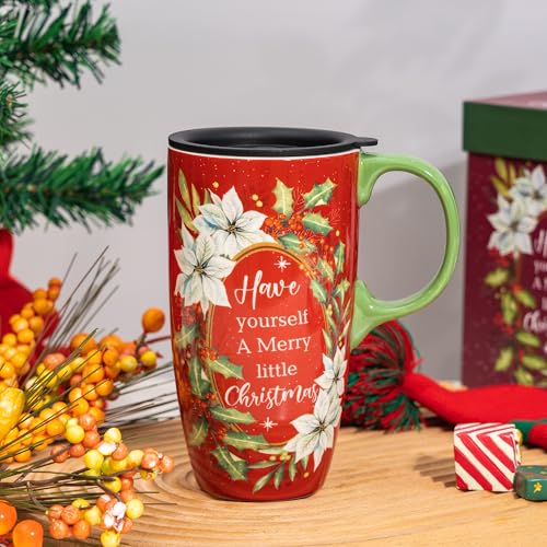 Topadorn 17oz Poinsettia Holly Ceramic Coffee Mug with Lid & ...