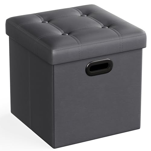 SONGMICS Mazie Collection - 15 Inches Ottoman with Storage, Footstool, Storage Ottoman with Metal Grommet Handles, Load 660 lb, for Dorm, Living Room, Bedroom, Synthetic Leather, Dark Gray ULSF030G01