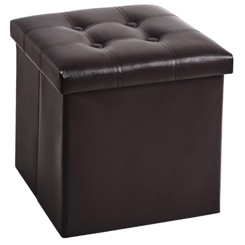 YOUDENOVA 15 inches Folding Storage Ottoman, Cube Storage Boxes Footrest, Small Ottomans with Foam Padded Seat, Support 300lbs (Brown, Leather)