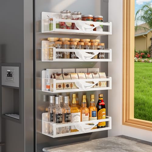 AURIKAR Magnetic Spice Rack for Refrigerator, 4-Pack Metal Seasoning Organizer for Kitchen Storage Organization, Space Saving Magnetic Shelf for Fridge, Pantry, Laundry Room, White