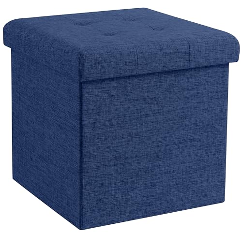 Ornavo Home Folding Storage Ottoman, 15 Inch Storage Cube with Lid, Foot Rest Stool for Bedroom, Living Room, Entryway, Tufted Linen Upholstered - Navy Blue