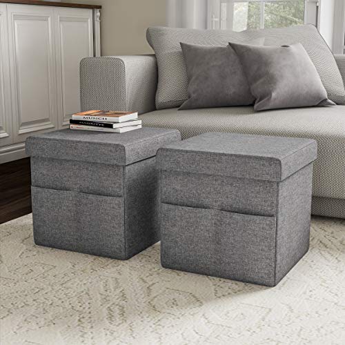 Set of 2 Ottomans with Storage Pockets - 15-Inch Folding Foot Rests or Storage Organizers for Bedroom, Living Room, or Dorm by Lavish Home (Gray)