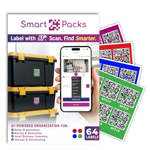 SmartPacks Colored QR Stickers - Premium Smart Labels for Storage Bins with AI-Powered App | Advanced Pack and Track Labels with QR Code for Inventory, Storage, Moving | 64 Stickers