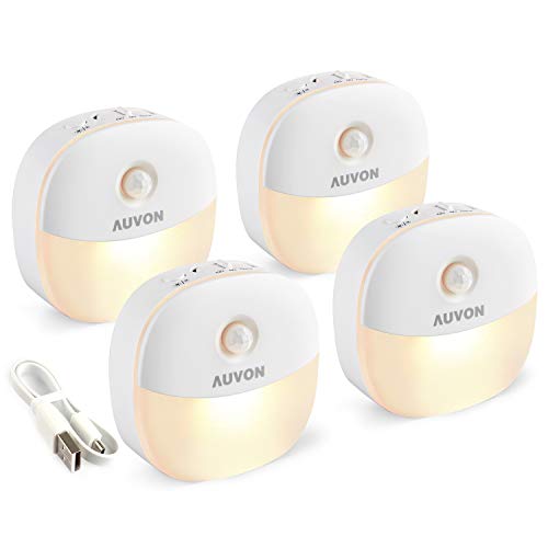 AUVON Rechargeable Battery Night Light, Mini with Motion Sensor, Warm White LED Stick-On Closet Light with Dusk to Dawn Sensor, Adjustable Brightness for Wall, Stairs, Hallway, Cabinet (4 Pack)