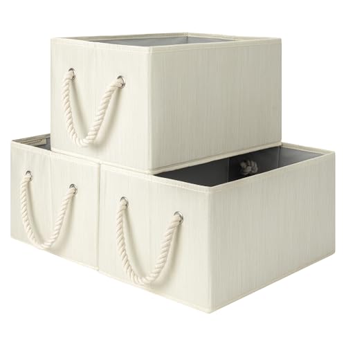 StorageWorks Storage Baskets for Shelves, Fabric Storage Bins, Closet Organization and Storage Basket, Foldable Organizer Bins for Clothes, Beige, White & Ivory, Large, 3-Pack