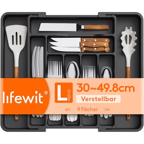 Lifewit Utensil Organizer for Kitchen Drawer, Expandable Cooking Silverware Tray, Adjustable Cutlery Flatware Holder, Plastic Spatula Tools Storage Divider, 11.8-19.6 x 15