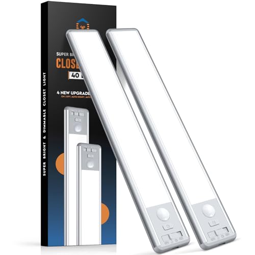 BLS 10inch Under Cabinet Lights, 40 LED Closet Lights, Motion Sensor Light Indoor, Battery Operated Lights, 1800mah USB C Rechargeable Under Cabinet Lighting, Magnetic Night Light for Kitchen (2 Pack)