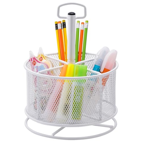 Marbrasse Mesh Desk Organizer, 360-Degree Rotating Multi-Functional Pen Holder, 4 Compartments Desktop Stationary Organizer, Home Office Art Supply Storage Box Caddy (White)