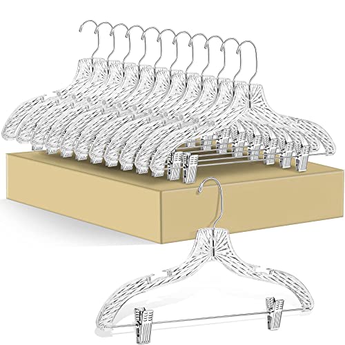 Quality Clear Plastic Skirt Hangers - 12 Pack Crystal Cut for Skirt, Pant, Dress, Suit, Coat Hangers Heavy Duty & Nonslip Design Asujtable Clips, Swival Hook, 17