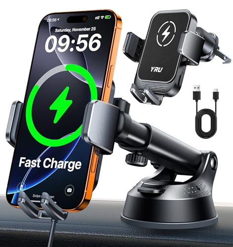YRU [True Military-Grade] Wireless Car Charger Mount, 15W Charging Auto ...