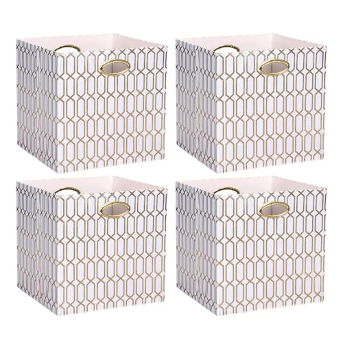ArcaGuru 13x13x13 Storage Cube Bins, Collapsible Storage Bins Fabric Storage Cubes Organizer Baskets Box Drawers for Shelves, Closet, Wardrobe, Bookshelf, Cabinet, 4 Pack, White/Shiny Gold, AG4000202