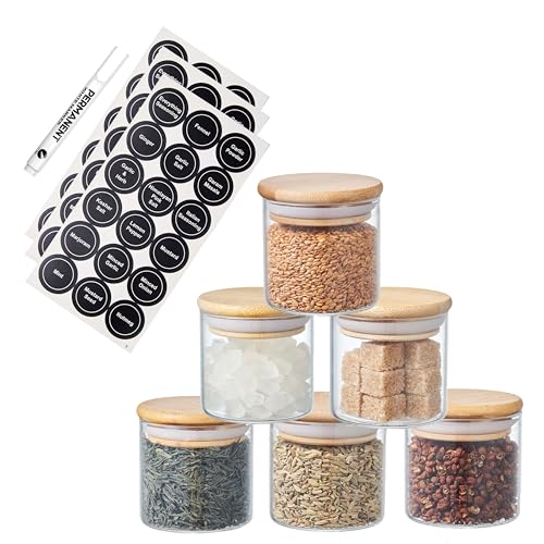 ORNAMI Small Glass Food Jar with Natural Bamboo Lid and Silicone Ring for Airtight Sealing, Little Clear Canister Jar for Kitchen Storage, for Grains, Seeds, Salt, Pepper, Spices - Set of 6 (150ml)