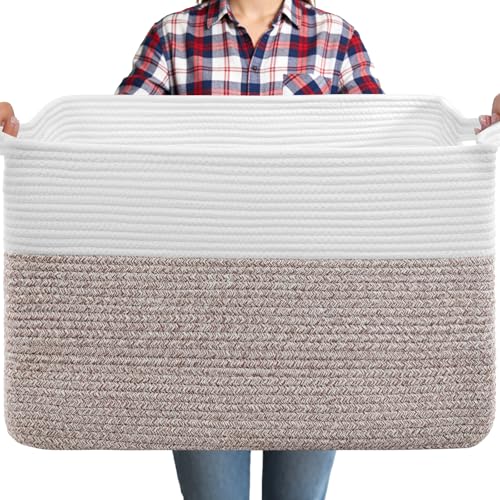 75L Extra Large Blanket Basket for Living Room - Cotton Rope Laundry Hamper Woven Baskets XXL Storage Bin with Handles for Dirty Clothes, Kids, Pets, Toys, Bedroom, 22