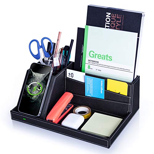 Valet Tray, Built in Wireless Charging Pad, Nightstand Organizer, Dresser Organizer, Mens Jewelry Box, Valet Charging Station, Faux Leather Valet Tray for Men and Women (Black+Wireless)