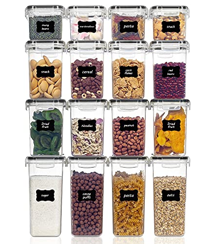 Vtopmart Set of 16 Airtight Food Storage Containers, Kitchen and Pantry Organisation, BPA-Free Plastic Container for Flour, Sugar and Spaghetti, with 24 Labels (Black)