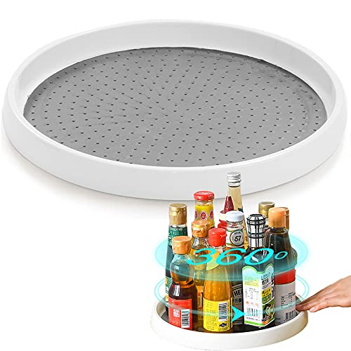 Skupro Lazy Susan Turntable Cupboard Organizer, Rotating Spice Rack for Kitchen Storage & Organisation, Non-Slip Condiment Holder, White Plastic Storage Tray Organiser for Kitchen and Pantry