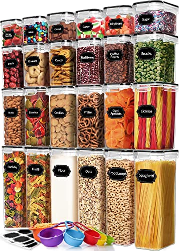 Skroam 24 Pack Airtight Food Storage Containers with Lids for Kitchen Pantry Organizers and storage, Plastic Canister Set for Cereal, Pasta, Flour & Sugar - Spoon Set, Labels & Marker.