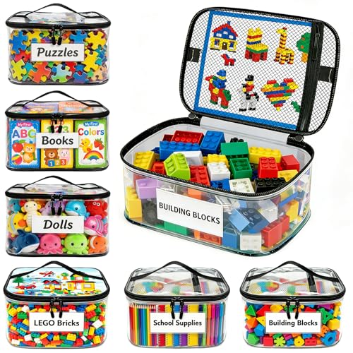 6 Pack Large Clear Toy Storage Bag with Name Tag, Waterproof PVC Toy Organizer Bags with Zipper & Manual Pocket, Toy Storage Organizer for Lego Bricks, Building Blocks, Board Games, Puzzles, Kid Books