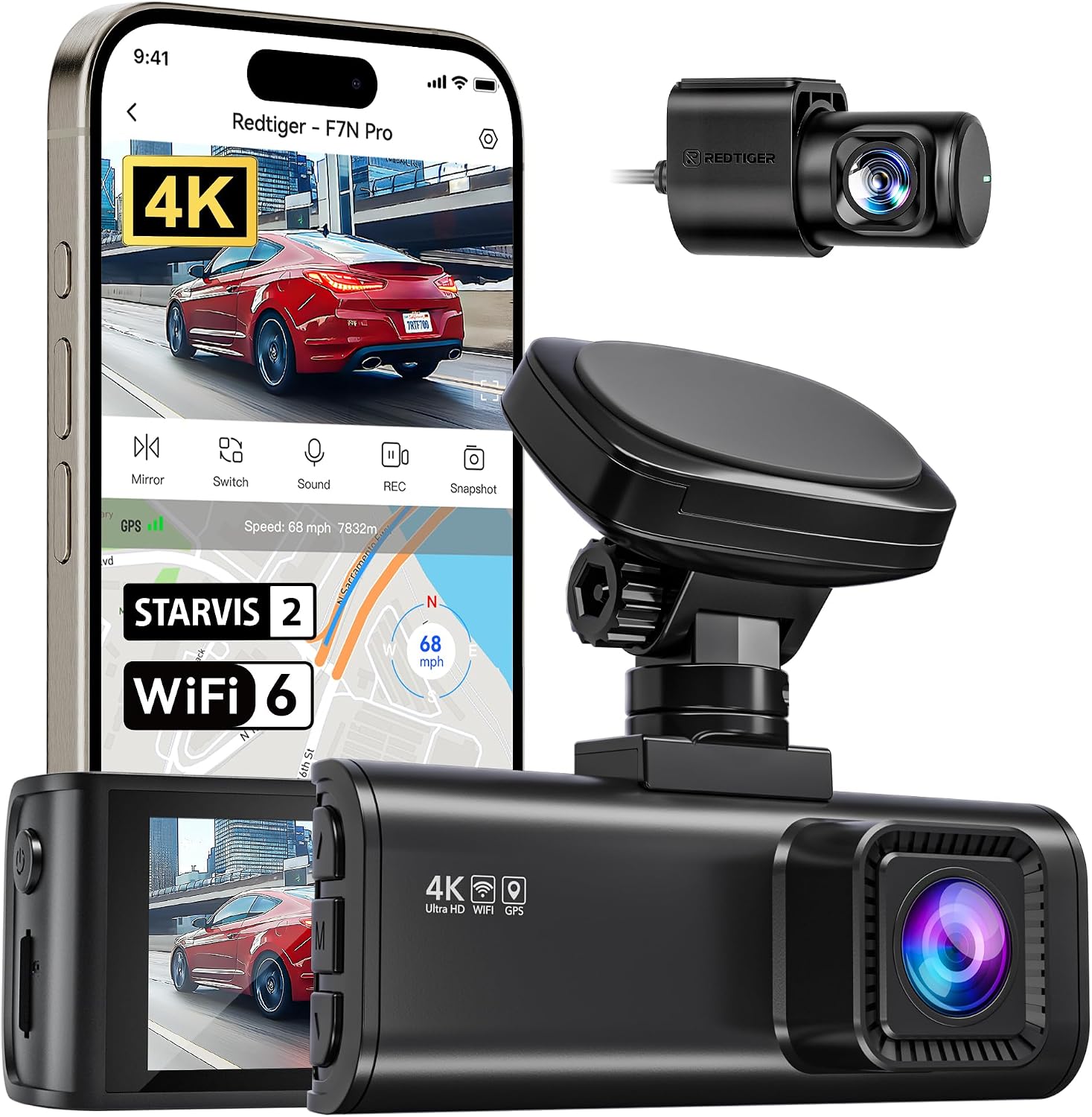 REDTIGER F7N Pro 4K Dash Cam Front and Rear, STARVIS 2 Sensor, 4K/2.5K+1080P Dual Dash Camera for Cars, Built-in 5.8GHz WiFi 6, GPS Tracking, 3.18 Inch Screen, Parking Monitor (SD Card Not Included)